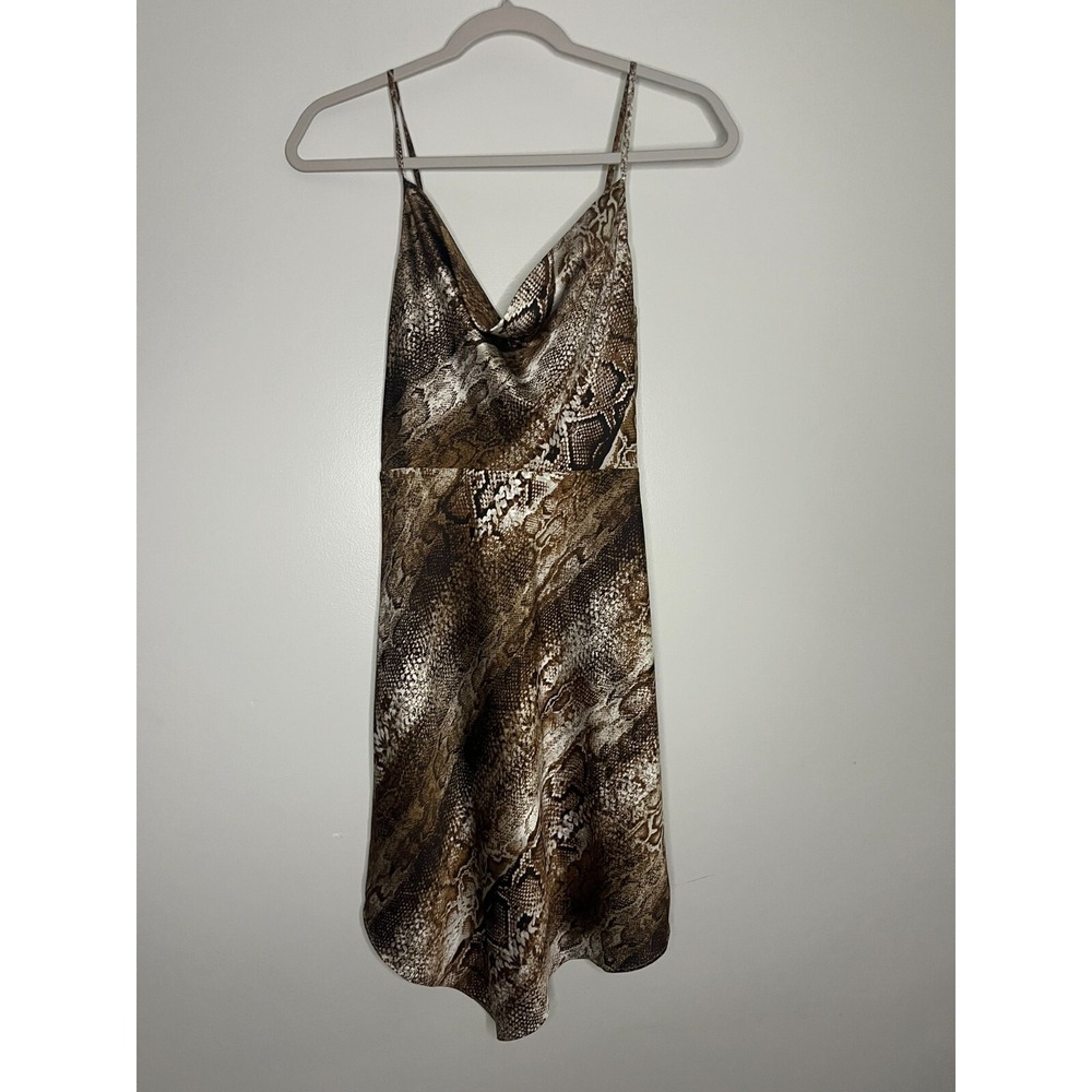 Guess Brown Asymmetric Cowl Neck Snake Print Satin Mini Dress Women's Size Small